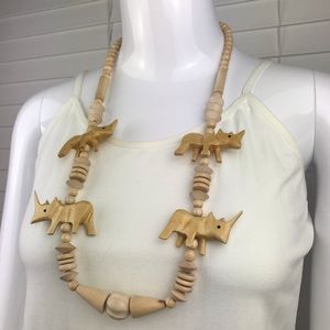 Carved Rhino Round Wooden Beads Necklace